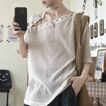 AIDASE  -  Men's Solid Color Short-Sleeved T-Shirt With Straps American Retro Fashion Trend Street Loose Breathable Niche Summer Men's Tops aidase-shop